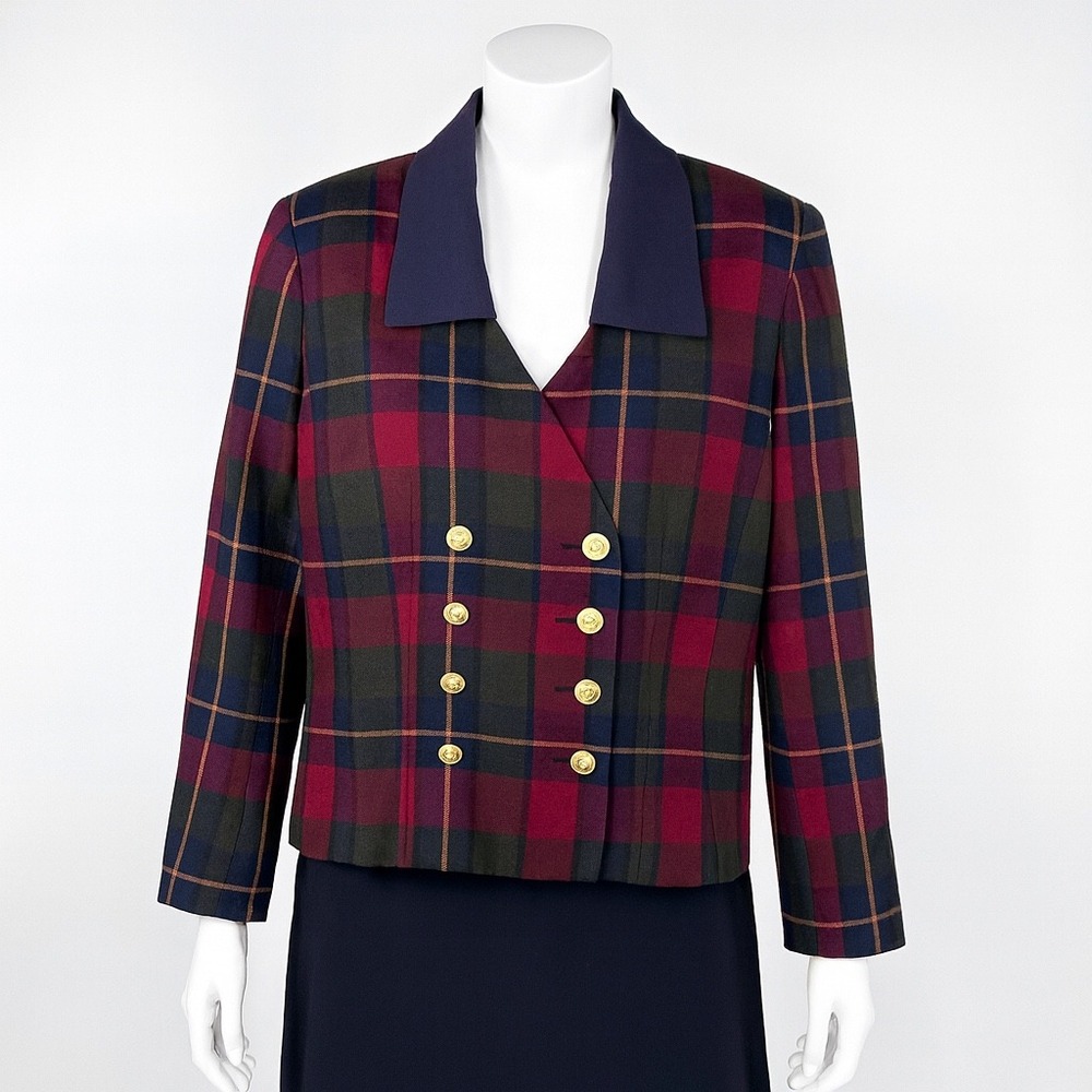 HBS Ltd Blazer 14 Red Green Plaid Double Breasted Gold Button Academia‎ Vintage